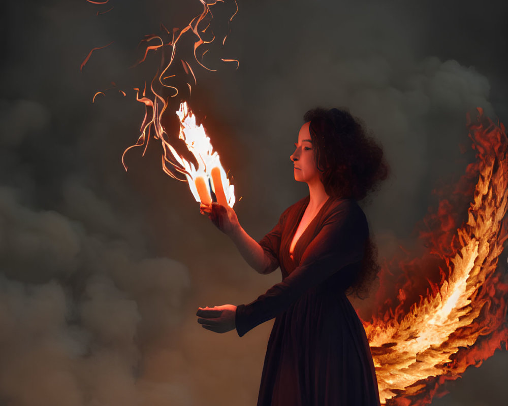 Curly-haired woman in dark dress holds flames with fiery wing, smoky backdrop
