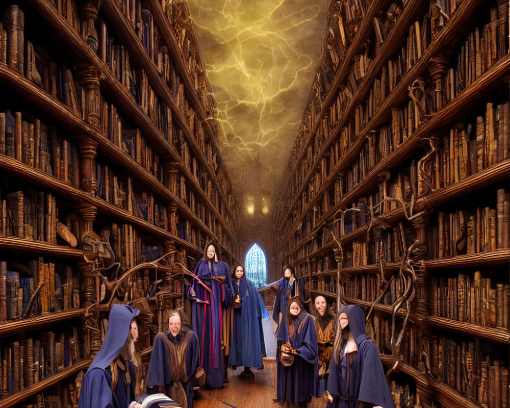 Group in robes in gothic library with lightning window