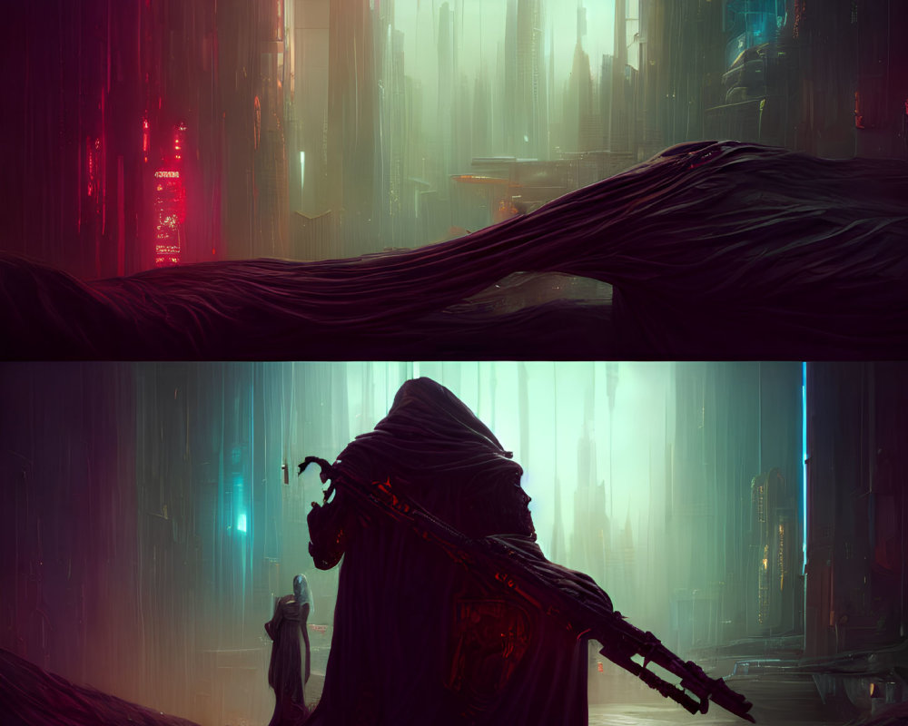 Futuristic cloaked figure with rifle and woman in neon-lit dystopian cityscape