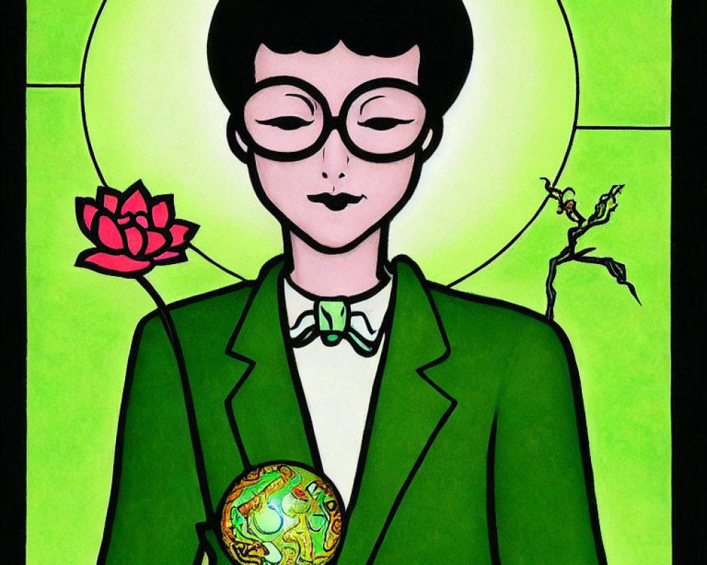 Person with glasses and halo in green suit holding globe with dollar sign and lotus