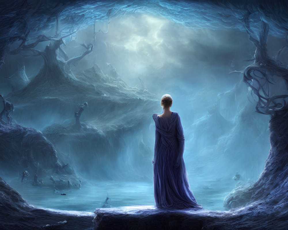 Person in blue robe at mystical cavern entrance with ethereal figures and gnarled trees.