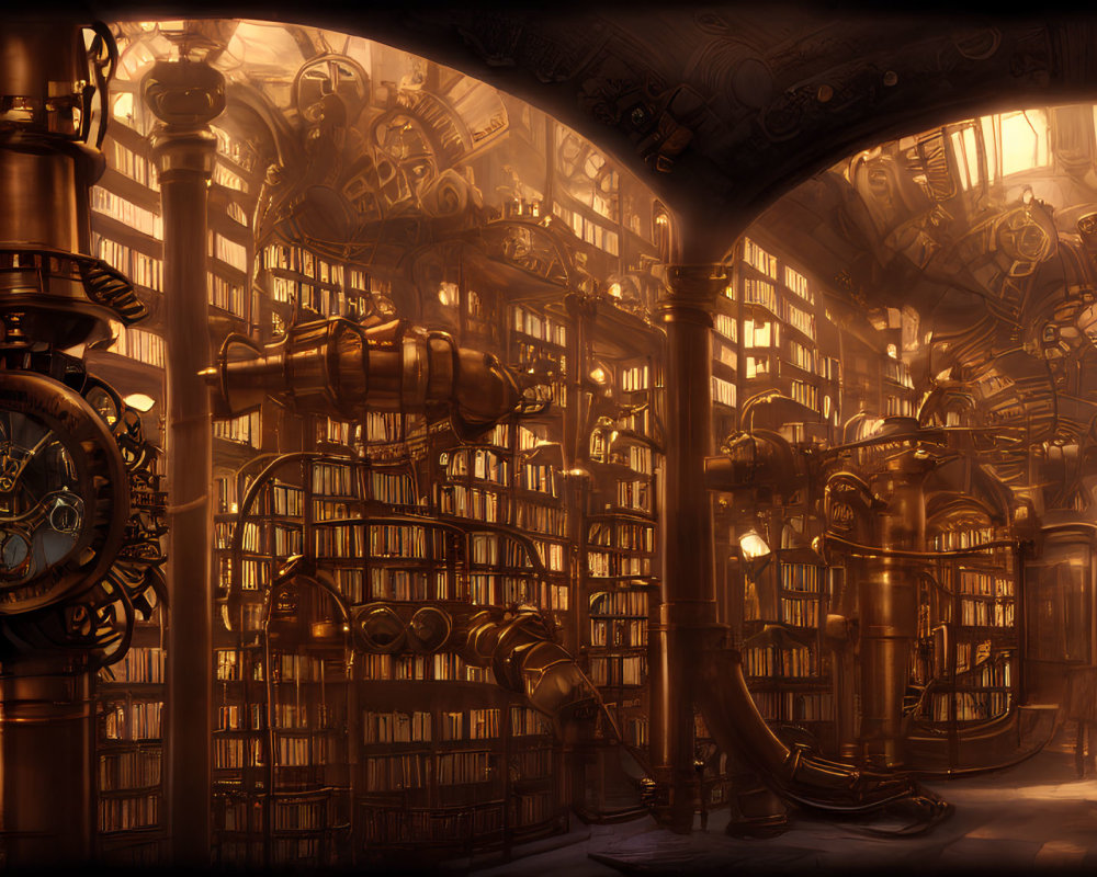 Steampunk library with gears, bookshelves, and silhouettes in warm, amber-l