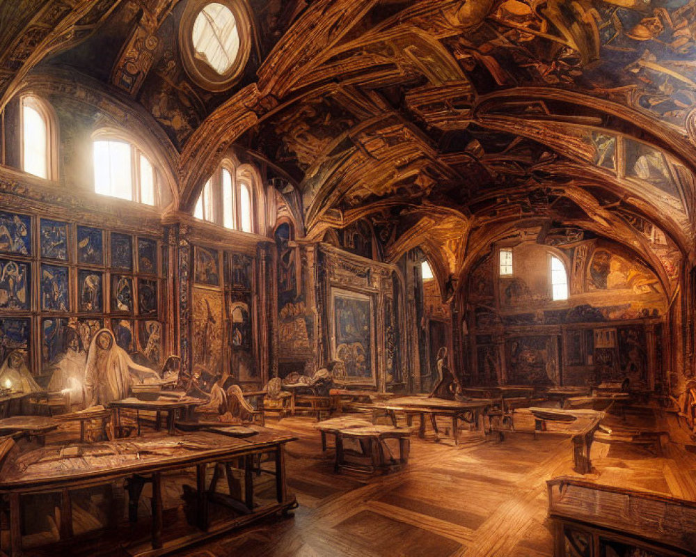 Ornate wood-paneled library with arched ceilings, frescoed walls, ghostly figures