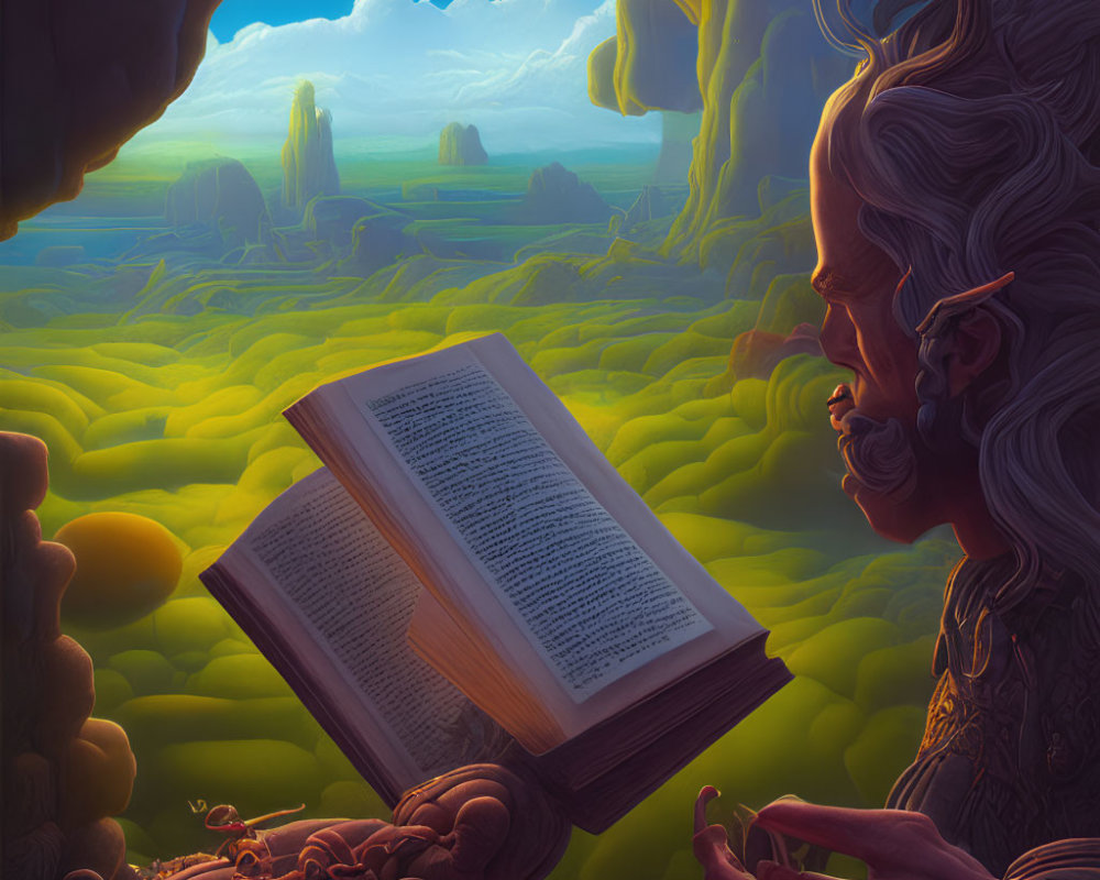Bearded figure reading book in lush fantasy landscape