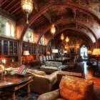 Ornate wood-paneled library with arched ceilings, frescoed walls, ghostly figures