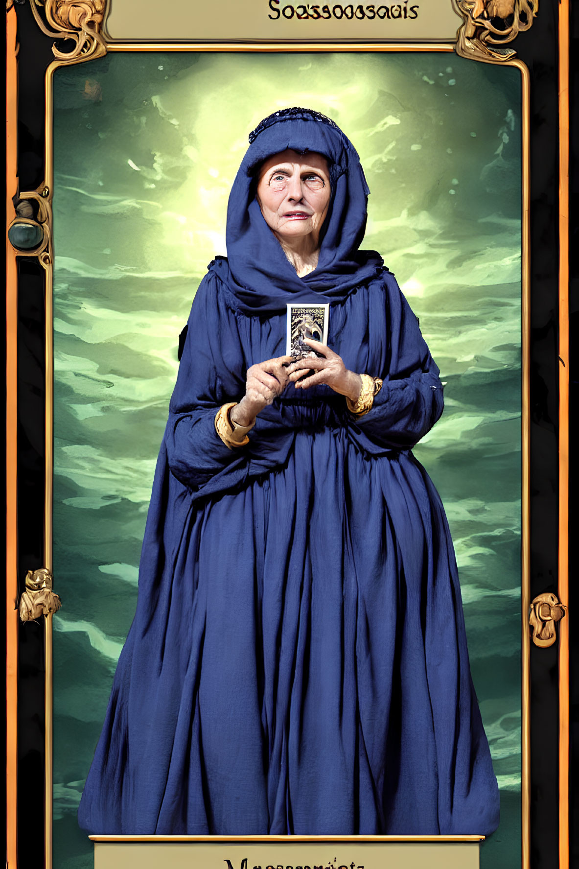 Person in Blue Robe Holding Card Against Green Cloudy Background in Decorative Frame