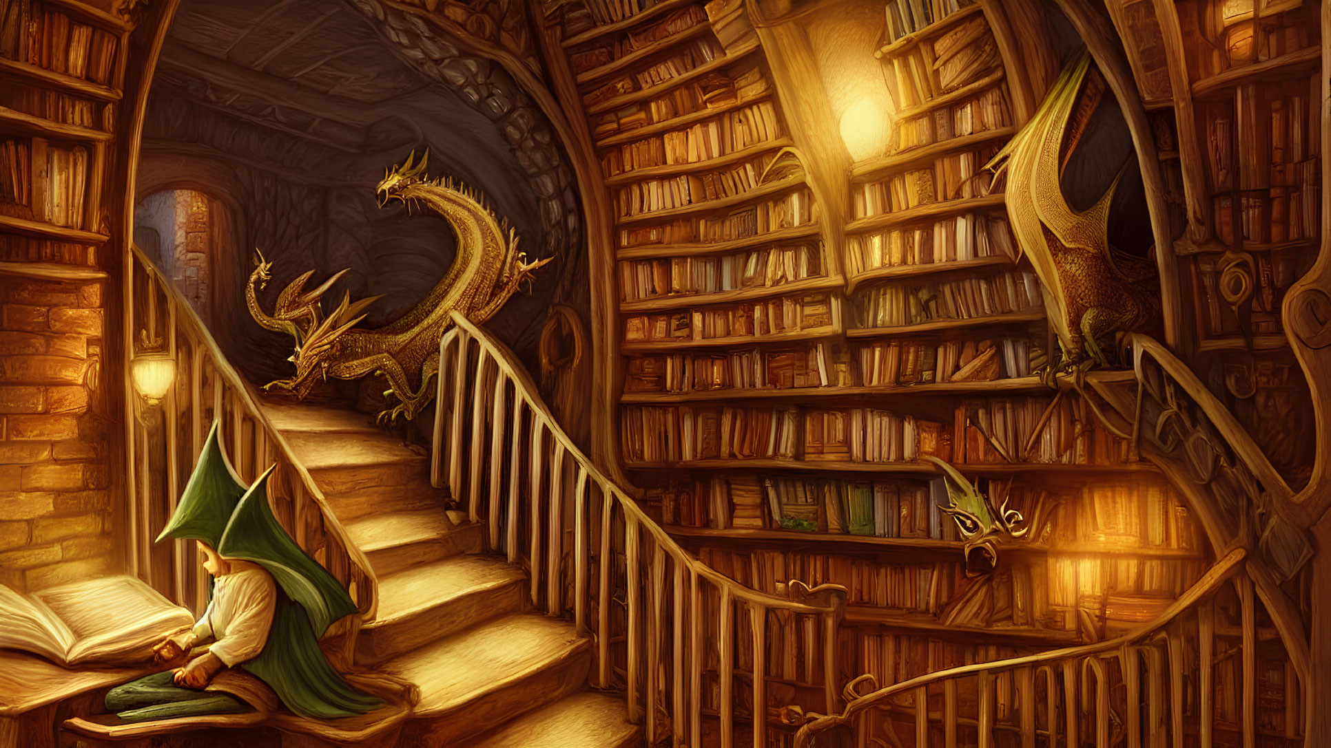 Whimsical library with arched ceilings and dragon figures reading and climbing.