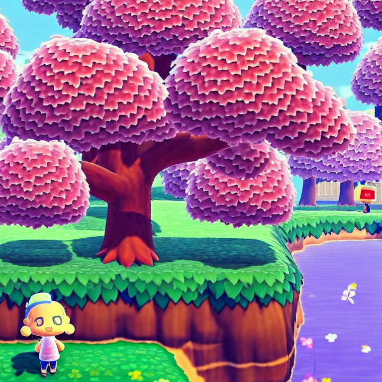 Colorful video game character in serene river setting with pink trees and falling petals