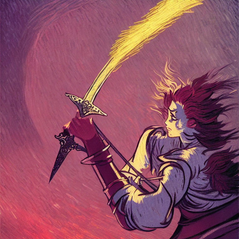 Person with flowing red hair wields flaming sword in purple atmosphere