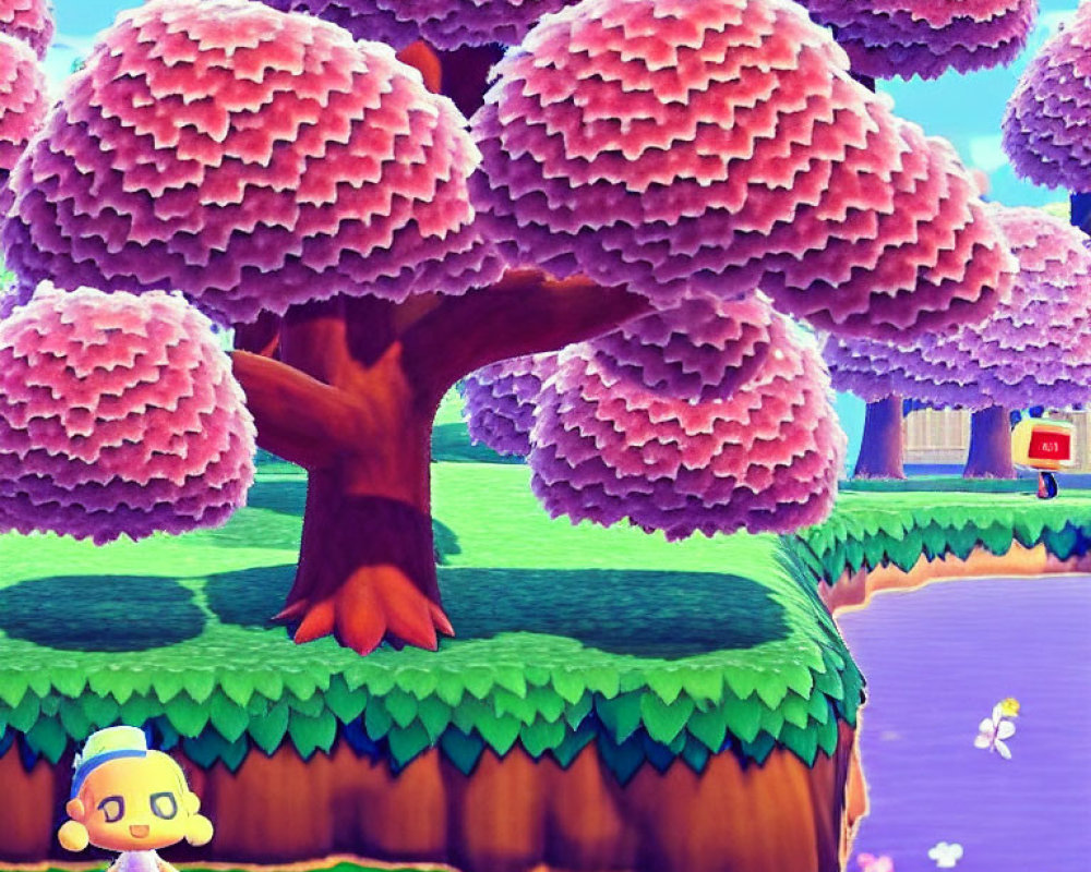Colorful video game character in serene river setting with pink trees and falling petals