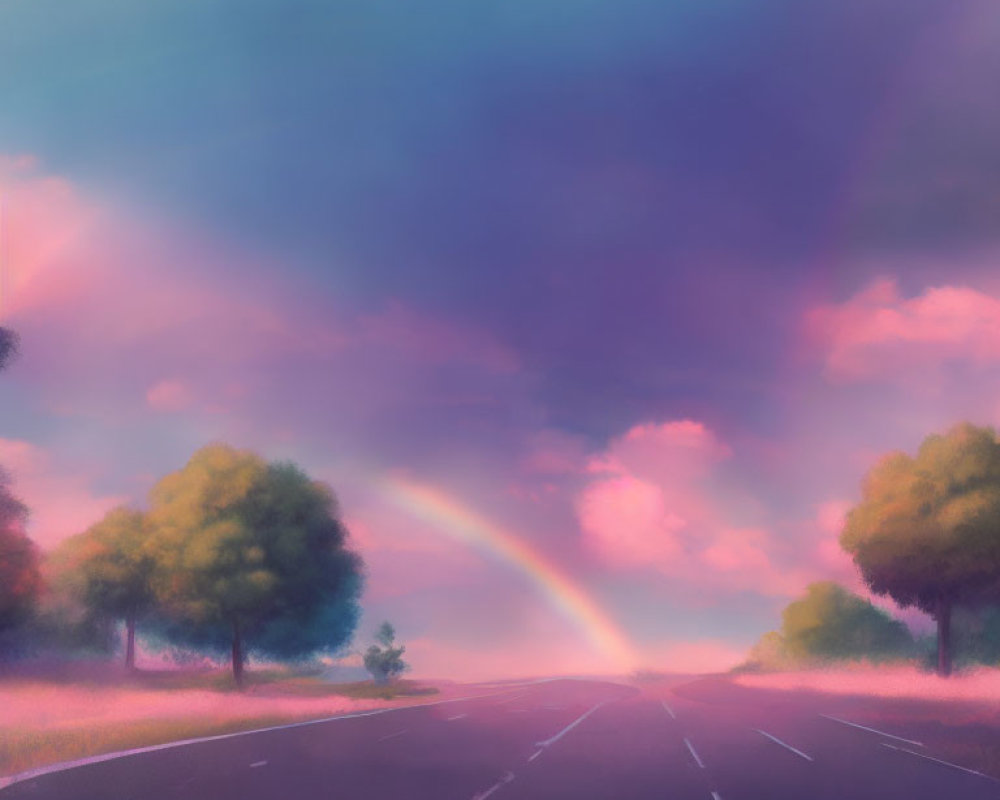 Pastel-colored sky with faint rainbow over deserted road and serene landscape