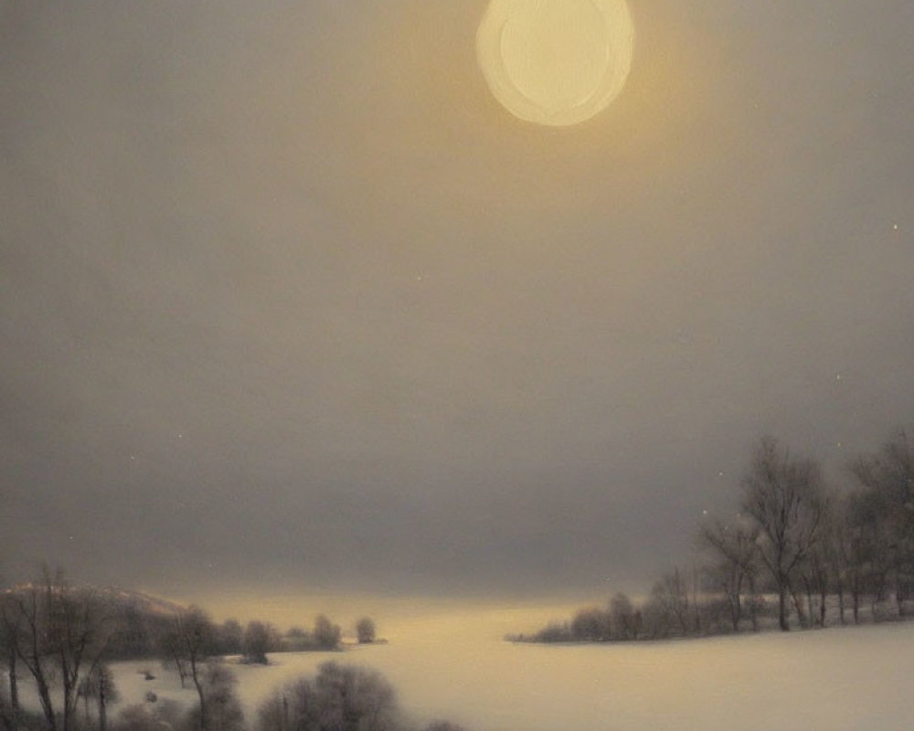 Winter Night Landscape: Snowy Field, Moonlit Trees