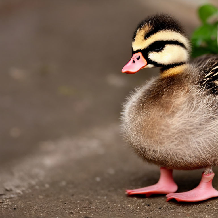 Adorable fluffy duckling with black and yellow stripes on concrete surface