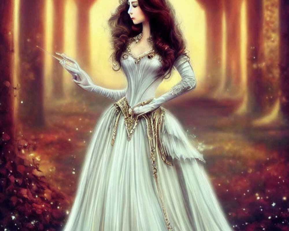 Fantasy queen in white gown with crown and scepter in mystical autumn forest