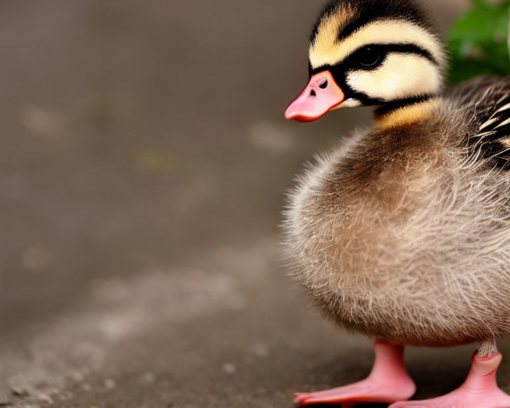 Adorable fluffy duckling with black and yellow stripes on concrete surface