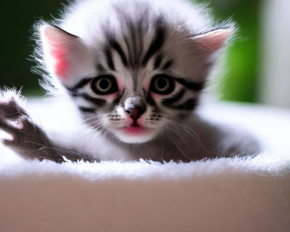 Gray and White Striped Kitten with Pinkish-Red Eyes on Soft Surface
