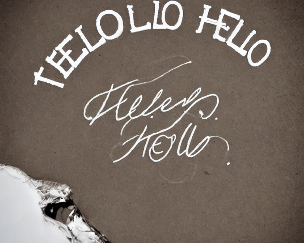 White cursive "hello" variations on textured brown background with torn edge