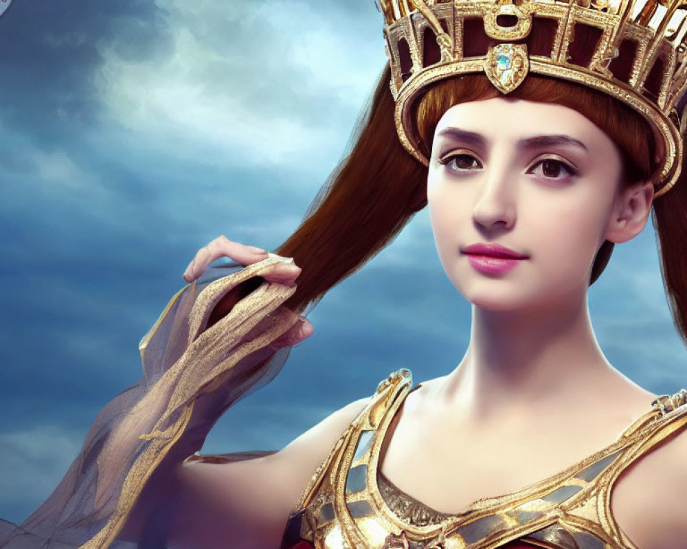 Regal woman in golden crown and armor with long brown hair against cloudy sky