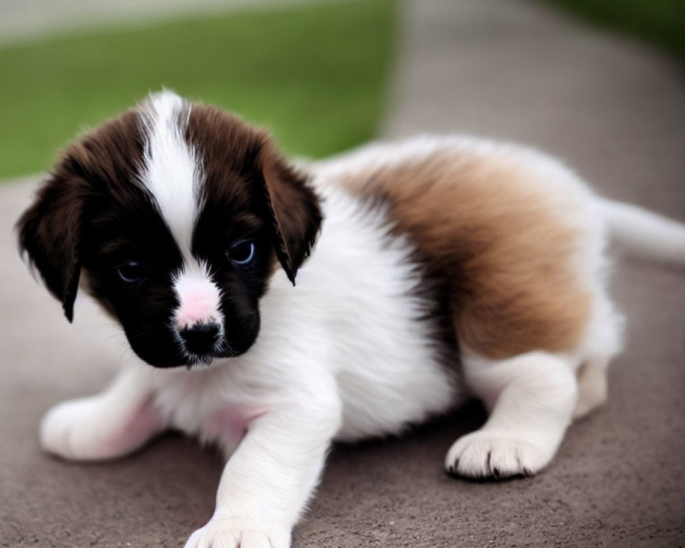 Brown and White Puppy with Floppy Ears and Blue Eyes on Pavement