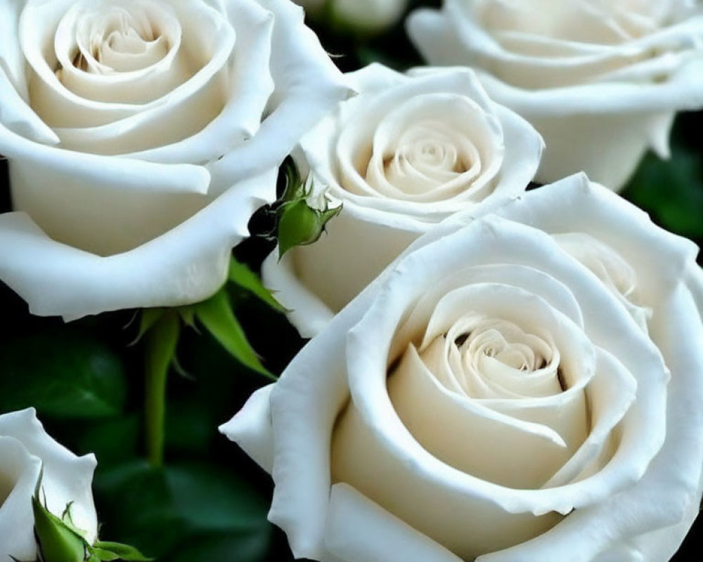 Close-up of Pristine White Roses with Delicate Petals and Green Leaves