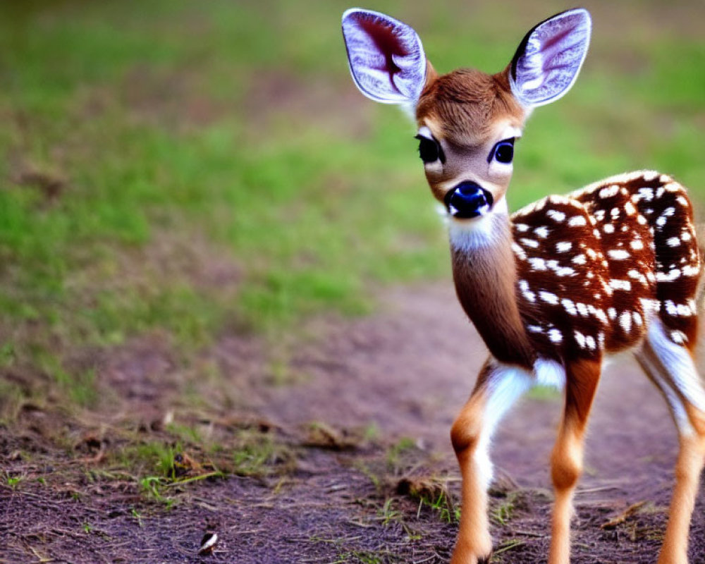Young spotted fawn on grassy path with alert ears and gentle gaze.