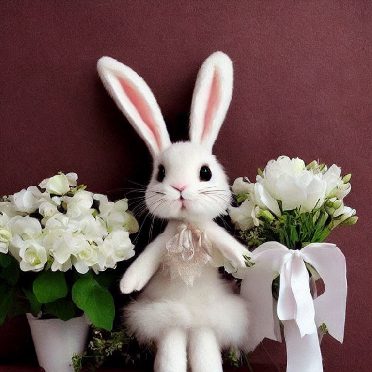 White Rabbit Plush with Lace Bow Among White Flowers on Brown Background