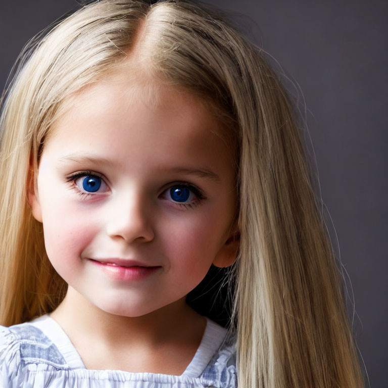 Young girl with long blonde hair and blue eyes smiling on grey background