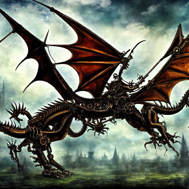 Mechanical dragon flying under stormy sky with gothic spires