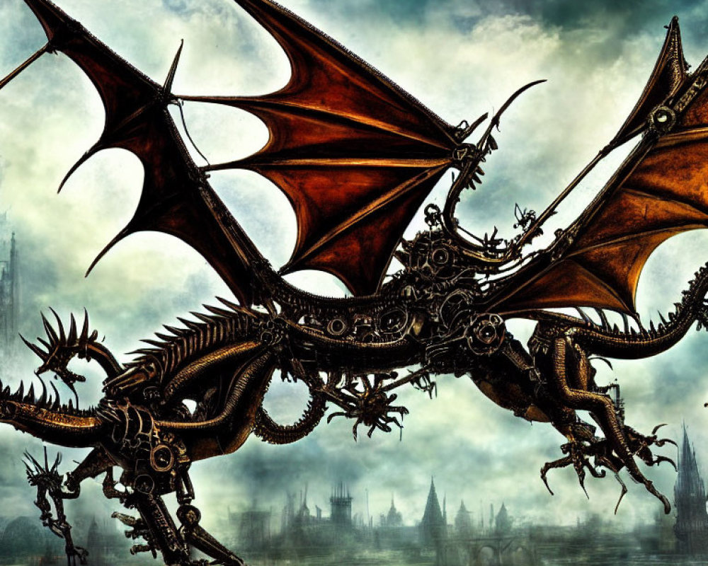Mechanical dragon flying under stormy sky with gothic spires
