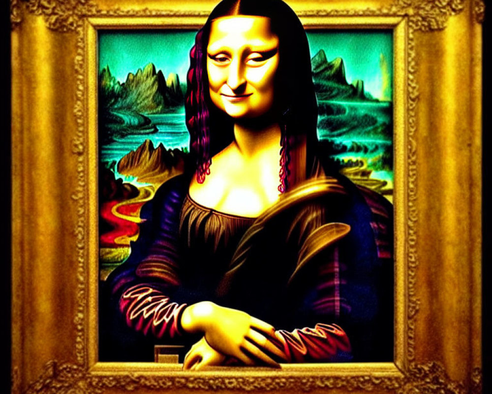 Digitally altered Mona Lisa portrait with surreal landscape background.