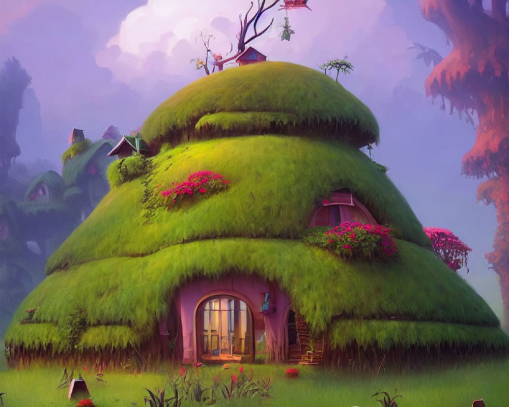 Whimsical house with grass-covered dome roof in magical forest