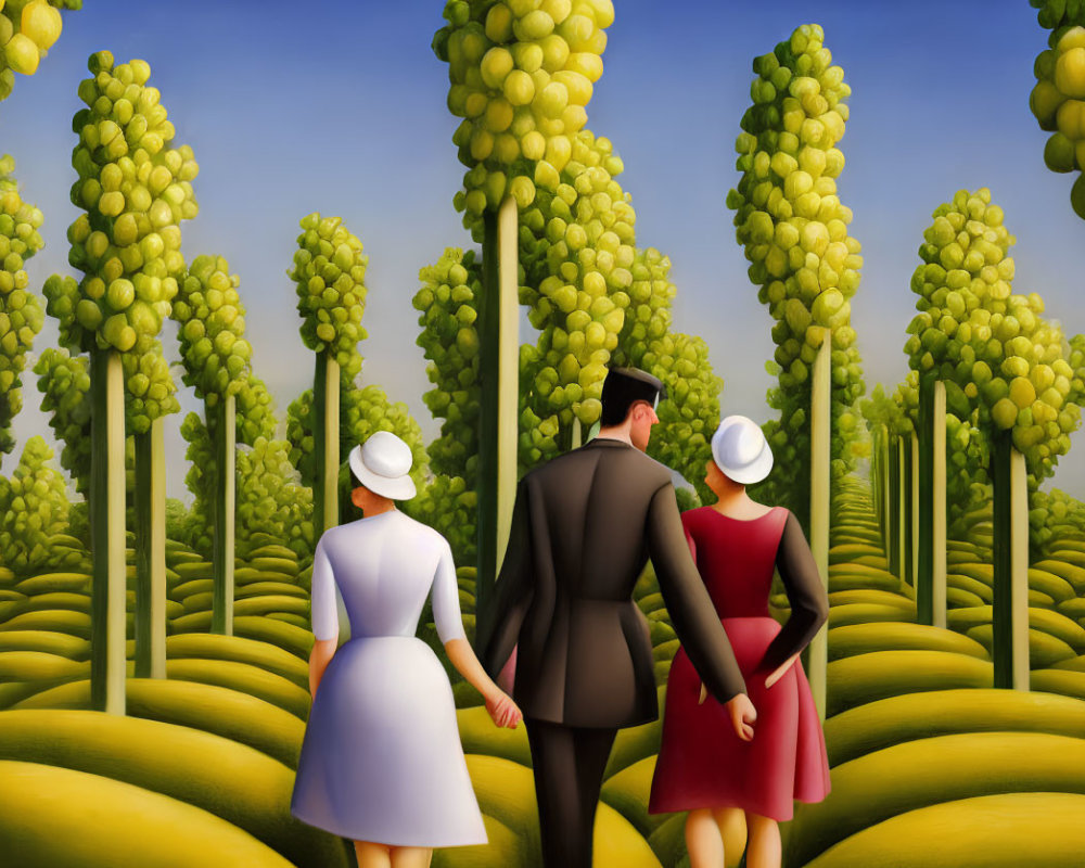 Three individuals in stylized landscape with round-top trees under blue sky