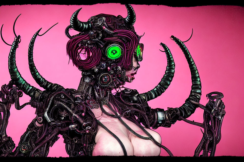 Cyberpunk humanoid robot with horns and green eyes on pink background
