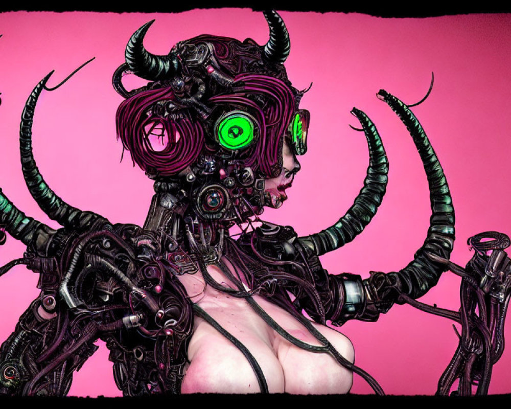 Cyberpunk humanoid robot with horns and green eyes on pink background