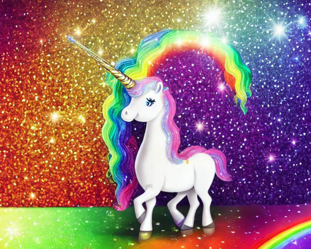 Colorful Unicorn Illustration on Glittery Rainbow Background