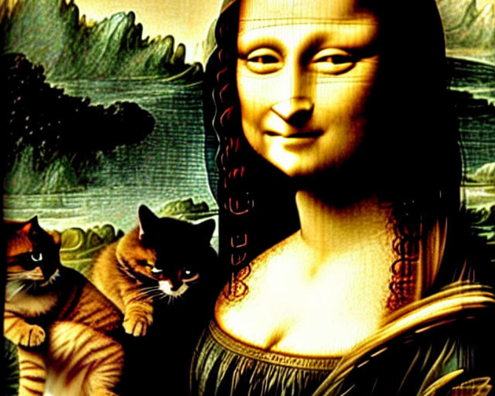 Digitally-altered Mona Lisa image with vibrant colors and two cats.