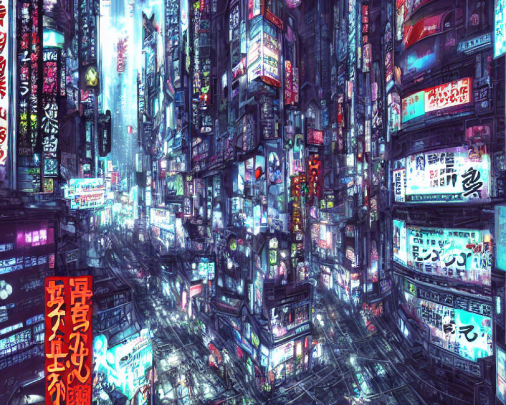 Futuristic cyberpunk cityscape with neon signs in crowded urban alley