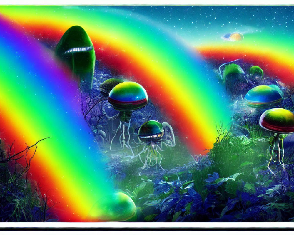 Colorful digital artwork: Alien jellyfish creatures under radiant aurora