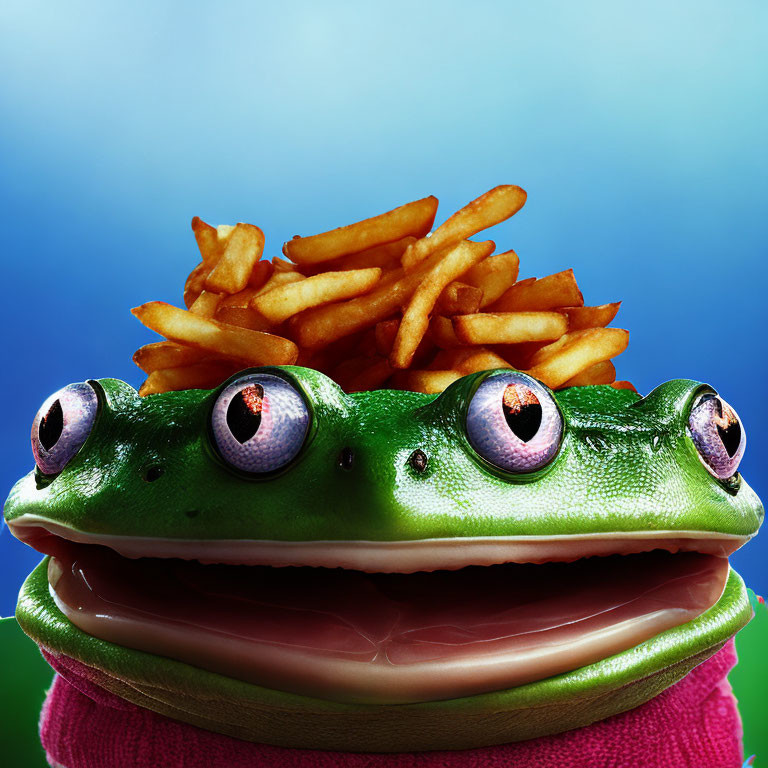 Sandwich with Frog Face and French Fries on Blue Background