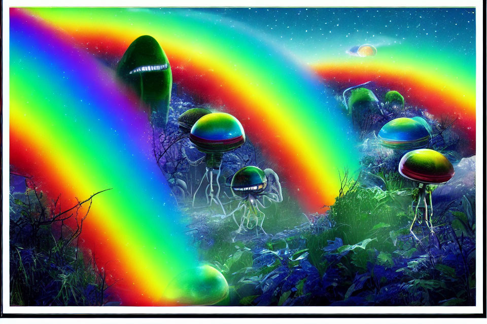 Colorful digital artwork: Alien jellyfish creatures under radiant aurora