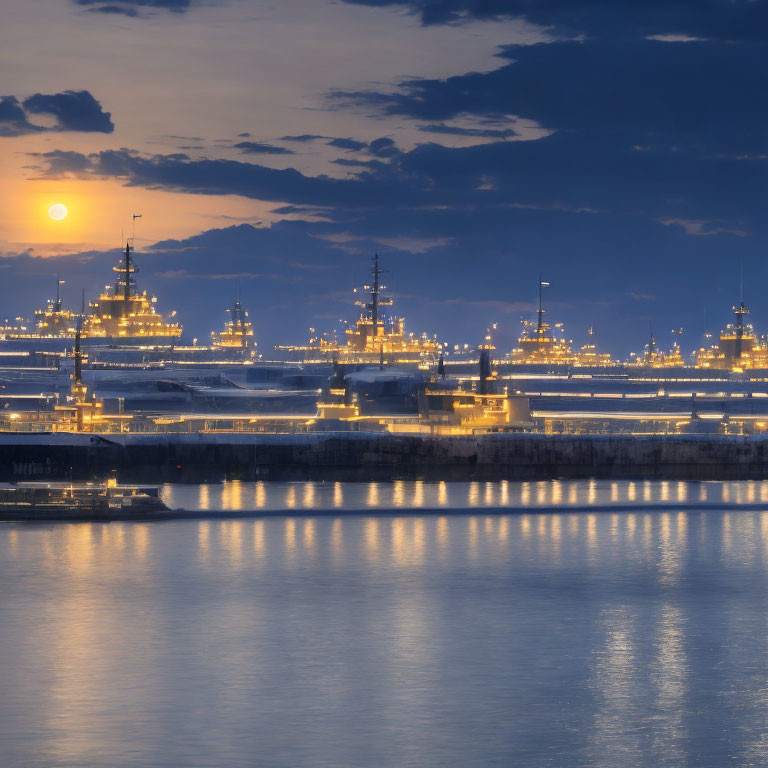 Twilight scene of serene port with illuminated ships under full moon.