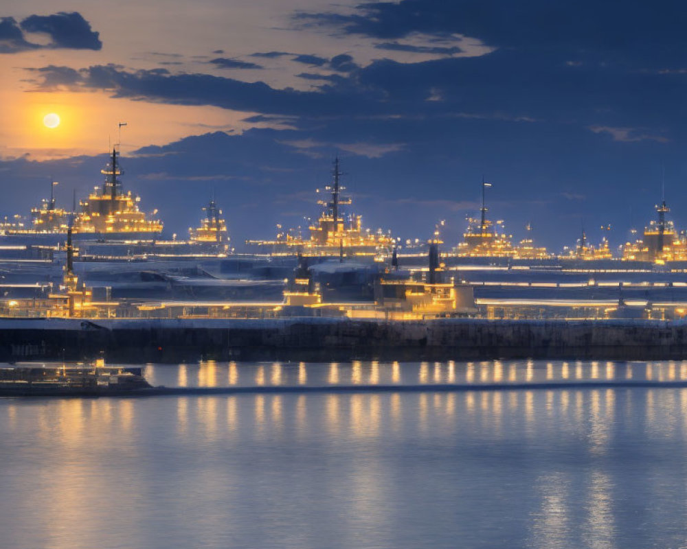 Twilight scene of serene port with illuminated ships under full moon.