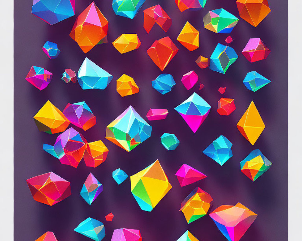 Multicolored geometric crystals on gradient purple background