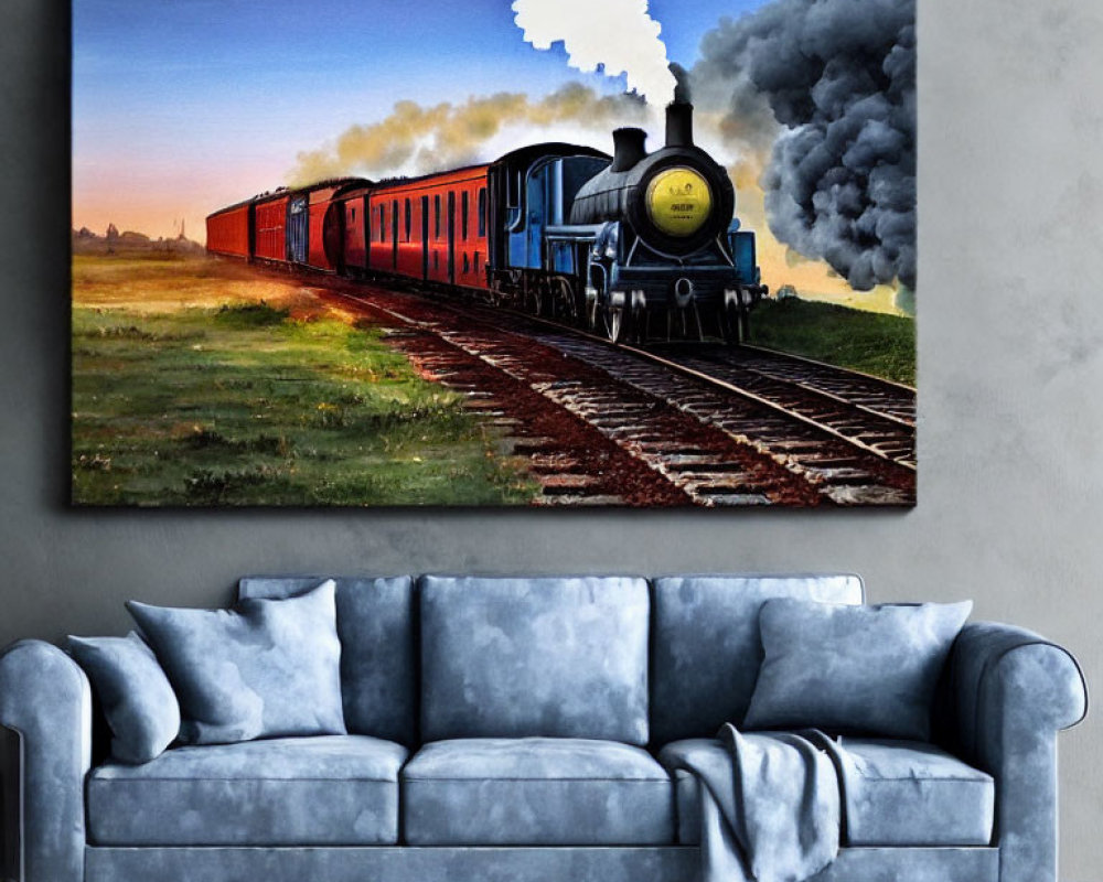 Vintage Train Painting Above Gray Sofa in Vibrant Display