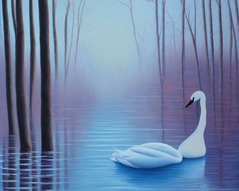 Tranquil painting of a swan on calm water with foggy trees in the background