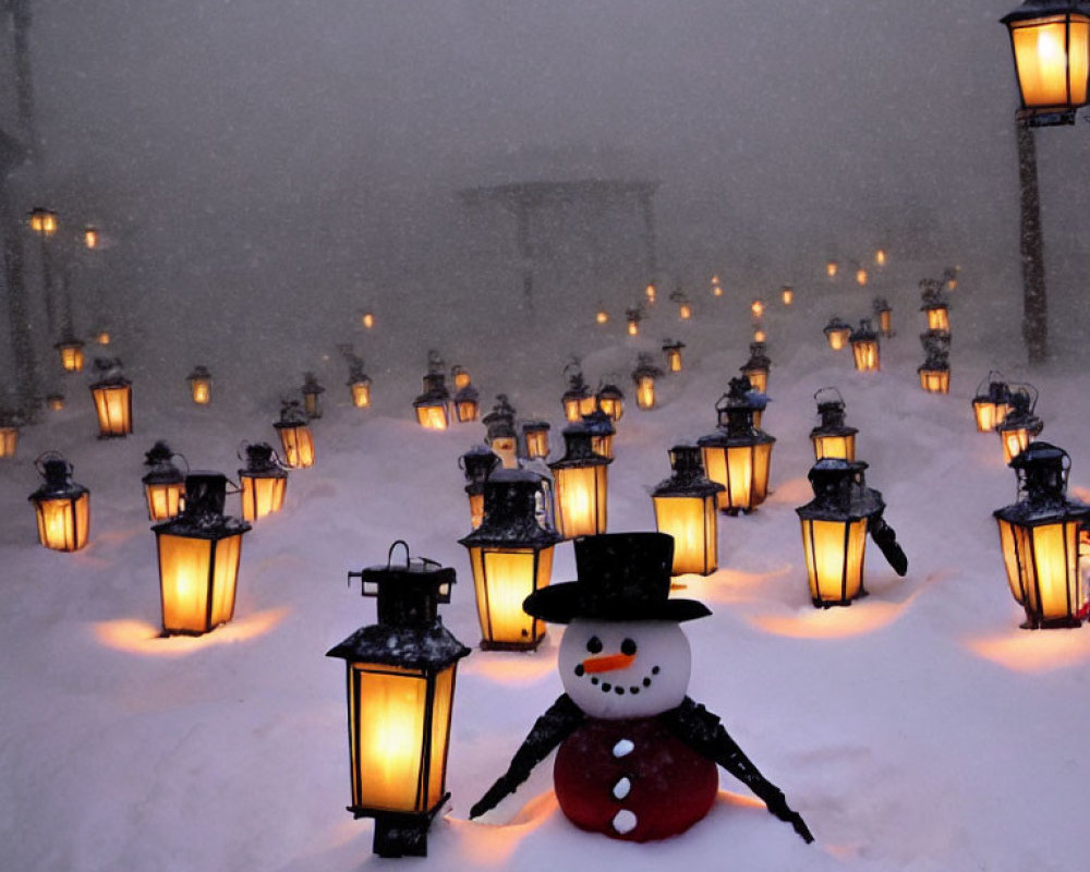 Snowman with Lit Lanterns in Snowy Dusk