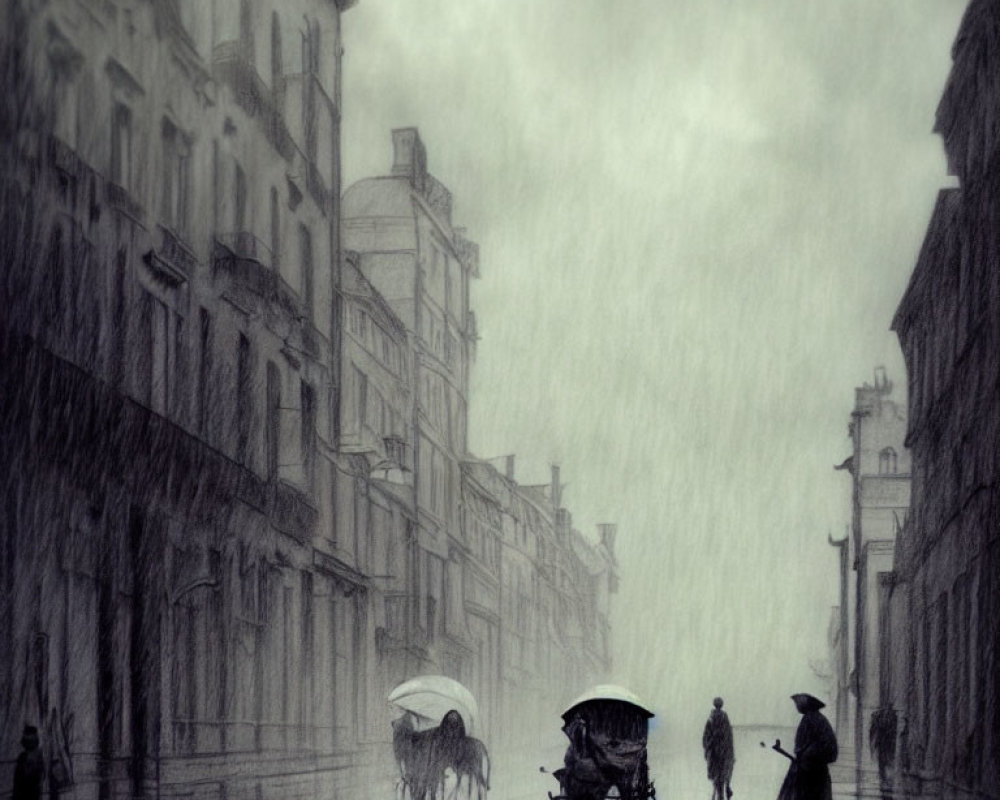 Monochromatic rainy street scene with old buildings, horse-drawn carriage, and people with umbrellas