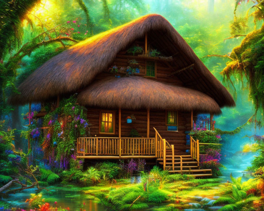 Thatched-Roof Cottage in Enchanted Forest Setting