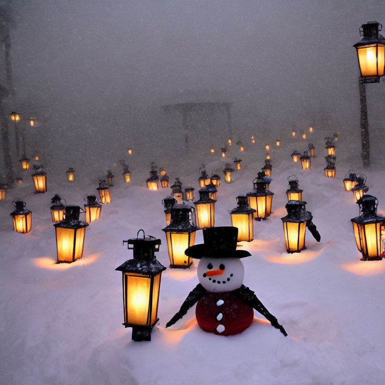 Snowman with Lit Lanterns in Snowy Dusk
