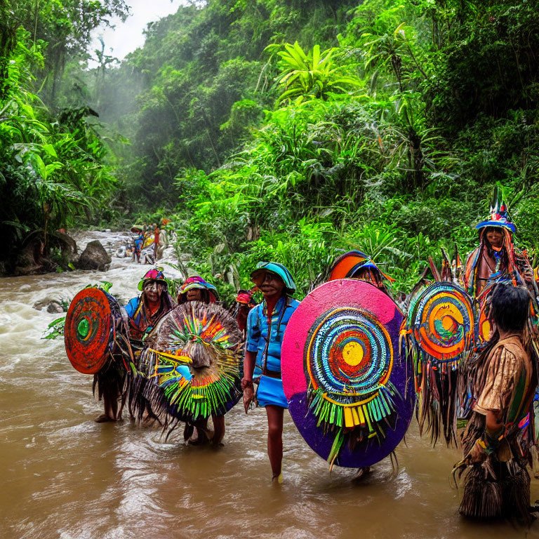 Traditional Attire Group Crossing River in Lush Forest